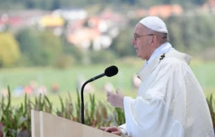 Pope Francis celebrates Mass on the esplanade of the National Shrine in Šaštin, Slovakia, Sept. 15, 2021. Vatican Media.
